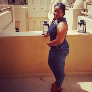 Large Marilyn Monroe denim jumpsuit with zippers.